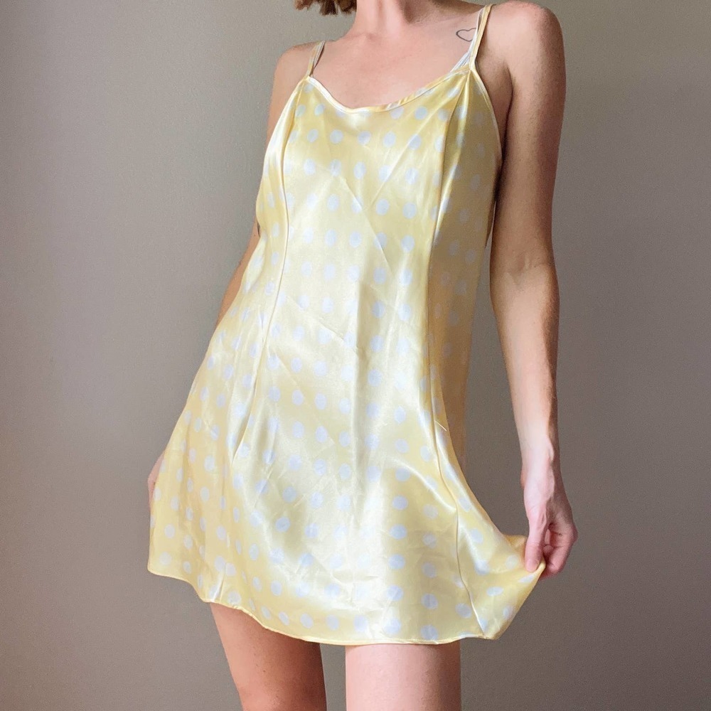Vintage Yellow White Polka Dot Satin Mini Slip Dress - Picture 3 of 7